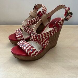 Frye Wedge Sandals Women’s Size 7 Corrina Whipstitch Leather Red Multicolor